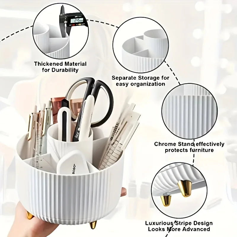 Prime Deal Zone 360-degree rotating cosmetic storage box with five compartments for brushes and makeup organization.