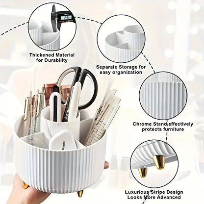 Prime Deal Zone 360-degree rotating cosmetic storage box with five compartments for brushes and makeup organization.