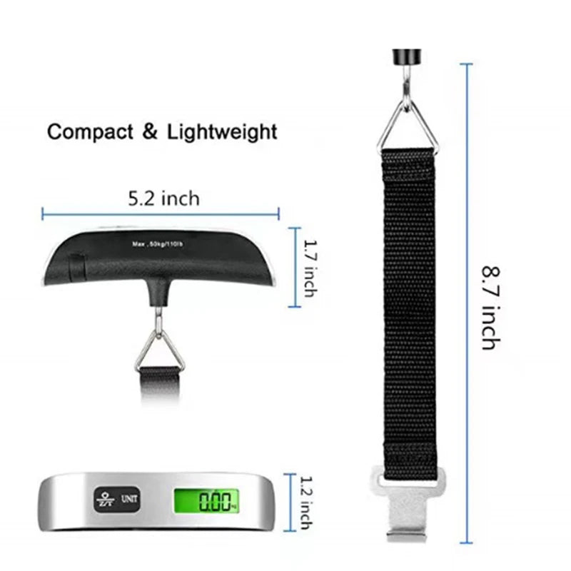 Digital portable luggage scale with LCD display measuring up to 110lb/50kg, suitable for travel and baggage weight management.