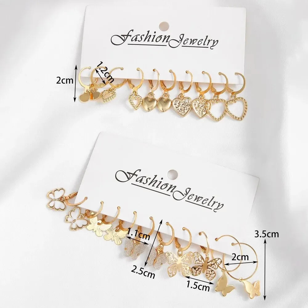Set of 10 gold-colored creative earrings featuring butterfly and hollowed-out love designs, perfect for women's fashion jewelry.
