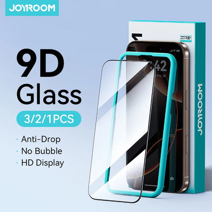 Prime Deal Zone Joyroom HD tempered glass screen protector for iPhone 15 16 17 Pro Max, full-screen protection with clear glass.