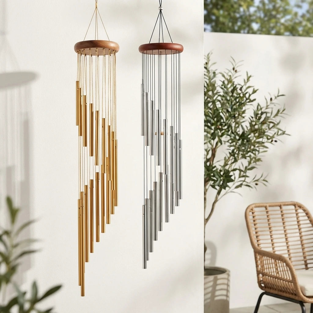 Gold and silver aluminum alloy wind chimes set with 12 tubes and hook, ideal for outdoor home, wedding, or memorial decoration.