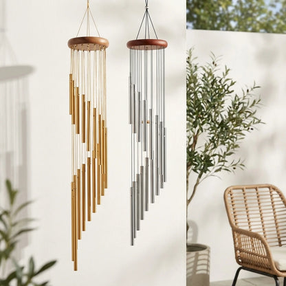 Gold and silver aluminum alloy wind chimes set with 12 tubes and hook, ideal for outdoor home, wedding, or memorial decoration.
