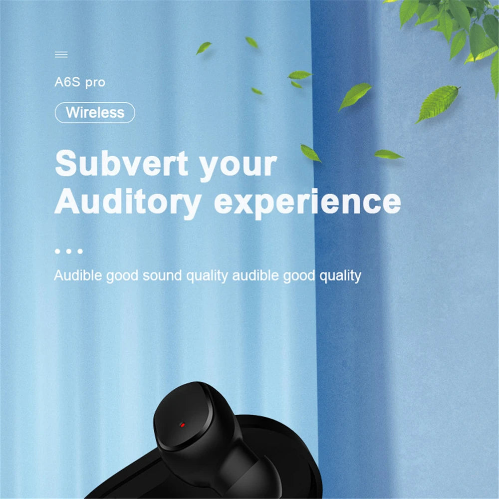 Wireless Bluetooth A6S earphones with touch control and LED display, stereo sound for Xiaomi and Huawei sports use.