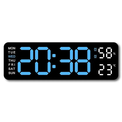 Large digital wall clock by Prime Deal Zone showing temperature, humidity, week display, with adjustable brightness and LED alarm features.