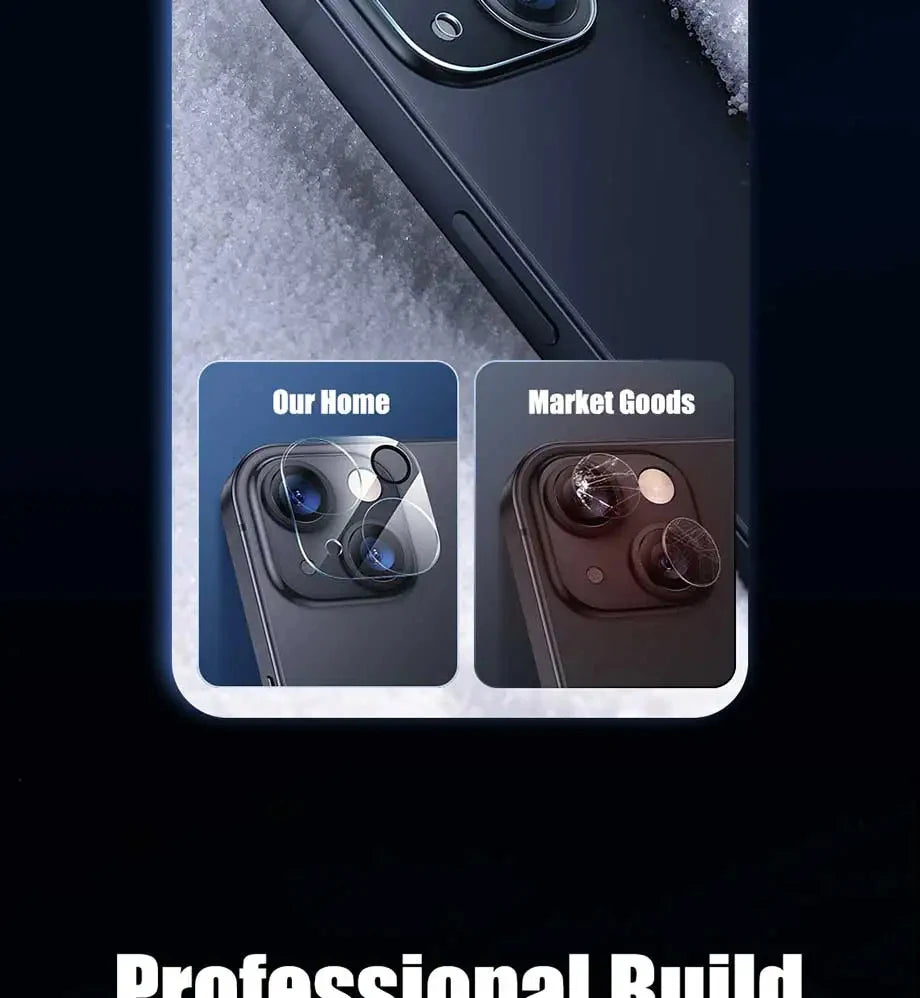 Set of four Prime Deal Zone HD camera glass protectors for iPhone 13, 11, 12, 14, and 15 Pro Max lenses with protective film.