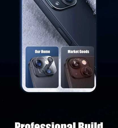 Set of four Prime Deal Zone HD camera glass protectors for iPhone 13, 11, 12, 14, and 15 Pro Max lenses with protective film.