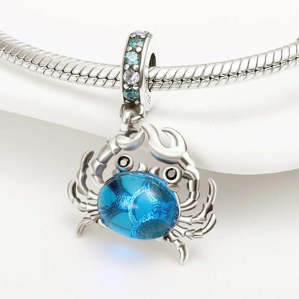925 Sterling Silver Blue Crab Charm with Zircon