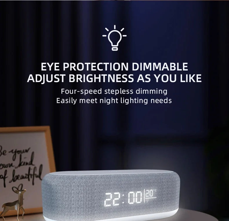Wireless alarm clock and phone charger pad with night light, thermometer, and desk lamp for iPhone models by Prime Deal Zone.