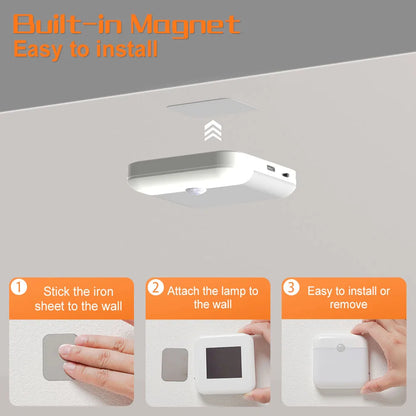 Square LED motion sensor light with USB Type-C charging, ideal for bedrooms, kitchens, hallways, wardrobes, and night lighting.