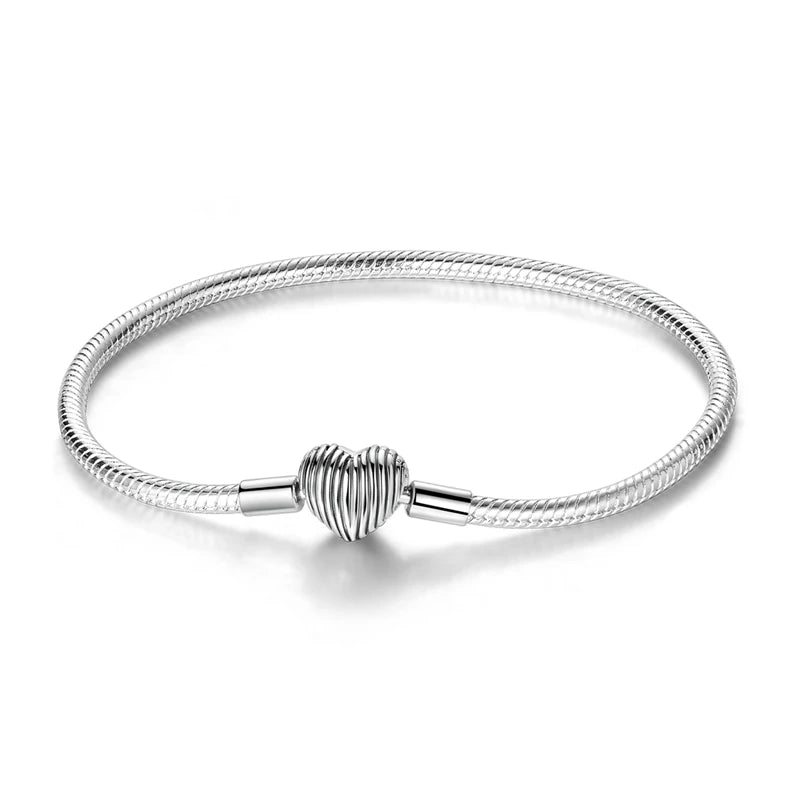 925 Sterling Silver Heart Zircon Snake Chain Bracelet — Multiple Designs, 17–20cm