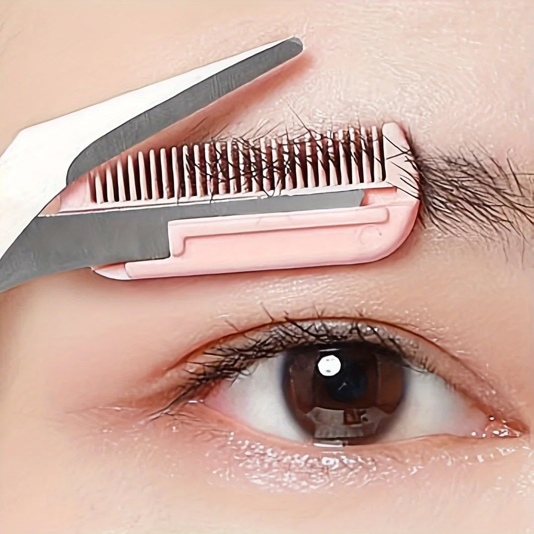 Pink stainless steel eyebrow trimming scissors with built-in comb, Prime Deal Zone grooming tool for precise eyebrow shaping.