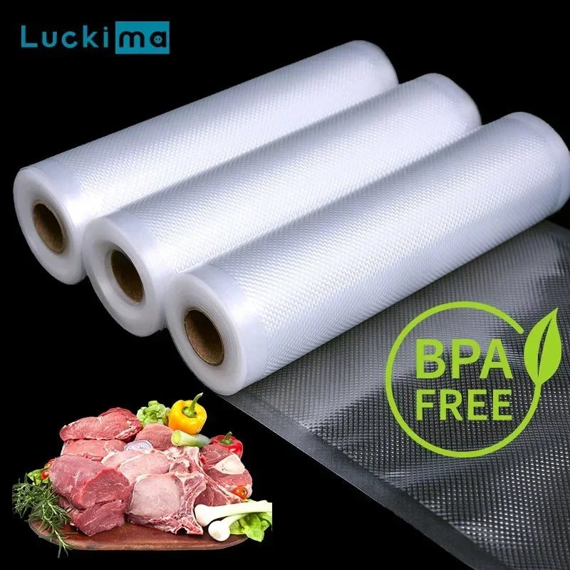 Prime Deal Zone food vacuum storage bags for vacuum sealers, suitable for meat, fruit, vegetables, and sous vide cooking.