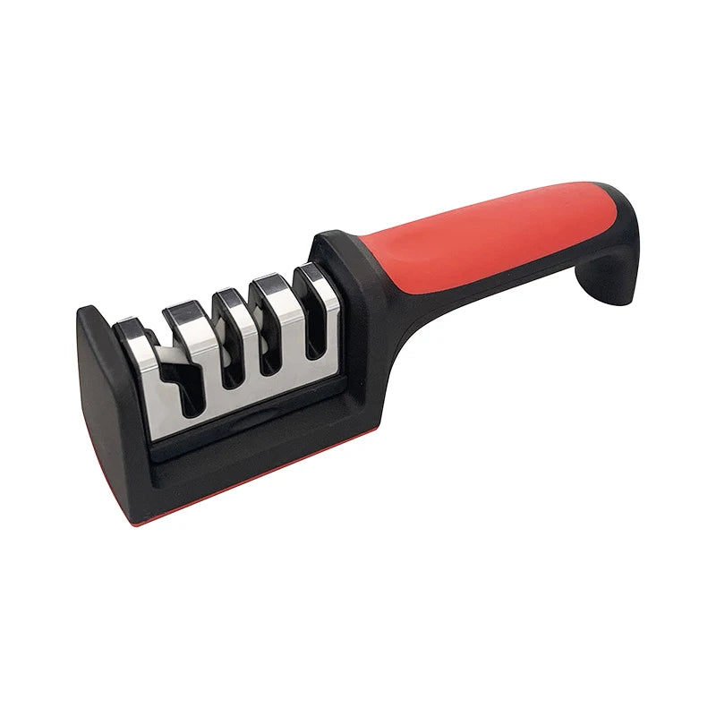 Prime Deal Zone kitchen 3/4-segment knife sharpener, black handheld multi-purpose sharpening stone for household use.
