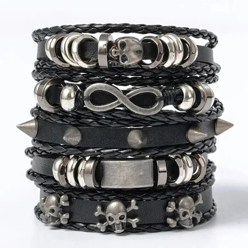 5-piece braided punk bracelet set, PU leather and beads - view 1