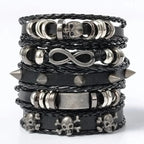 5-piece braided punk bracelet set, PU leather and beads - view 1