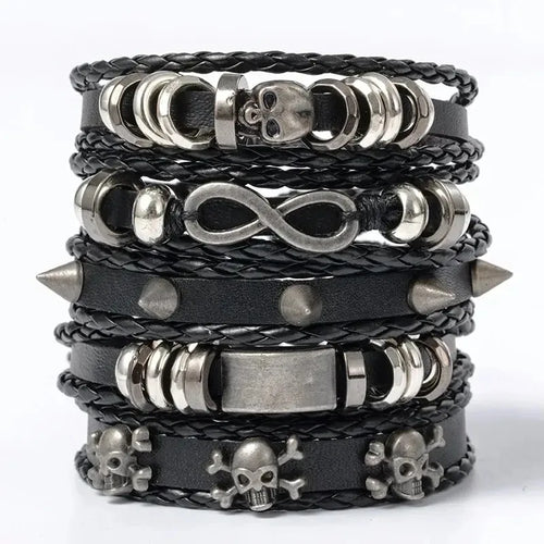 5-piece braided punk bracelet set, PU leather and beads - view 1