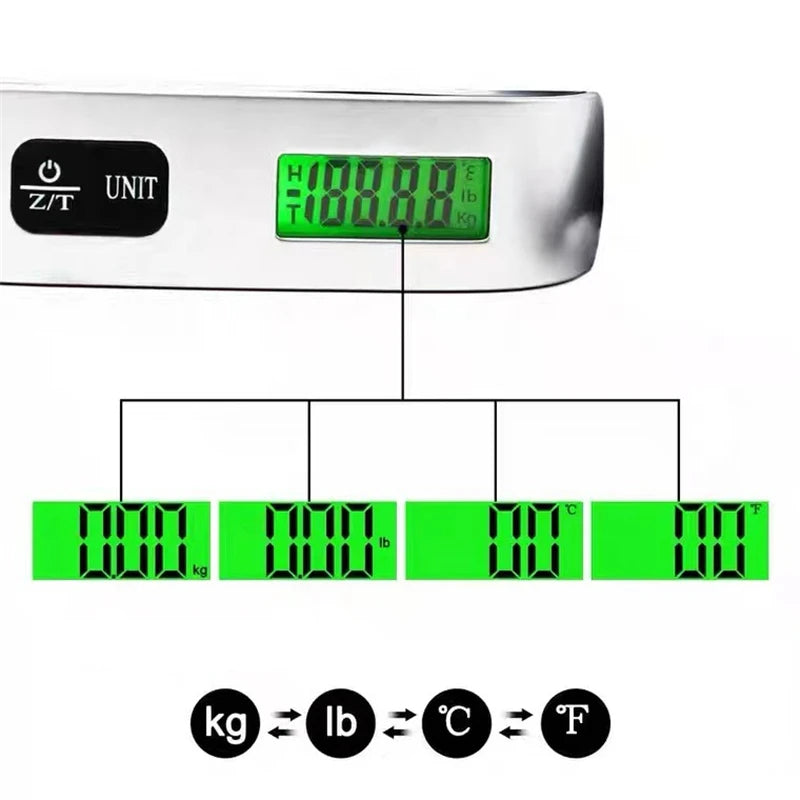 Portable digital luggage scale with LCD display weighing up to 110lb/50kg for travel baggage and suitcase weight measurement.