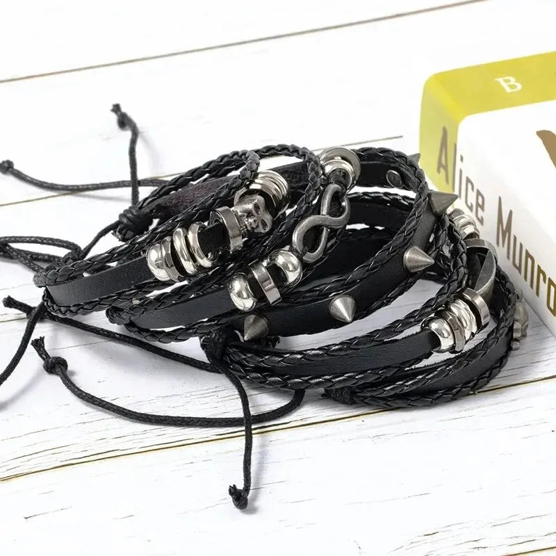 5-piece braided punk bracelet set, PU leather and beads - view 4
