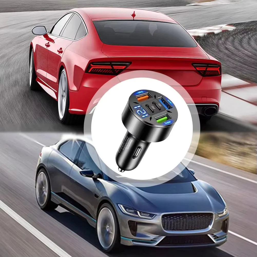 Prime Deal Zone 250W 5-port car charger with USB C and fast charging PD QC3.0, designed for iPhone and smartphones in vehicle.