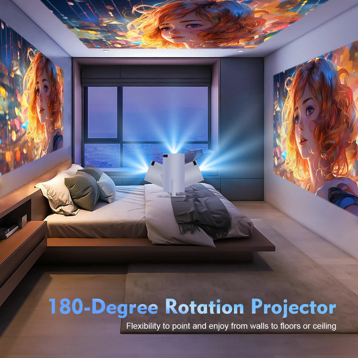 Smart projector Magcubic HY300 Pro with 8K support, Android 14, dual WiFi6, and Bluetooth 5.4, shown displaying on a wall.