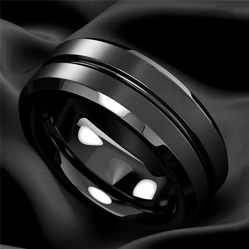 stainless steel 8mm black matte groove wedding band - view 9