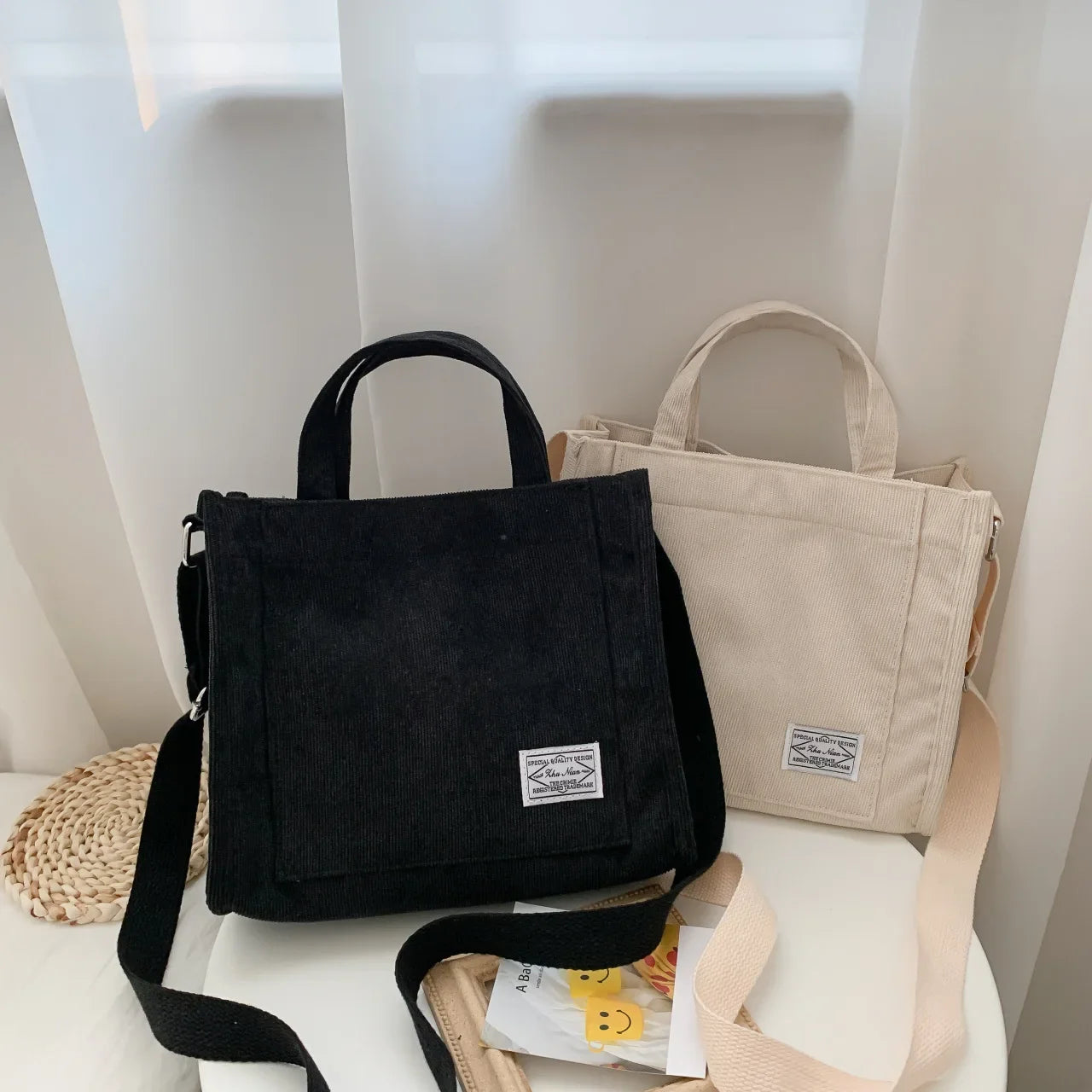Prime Deal Zone corduroy crossbody tote bag for women, casual square shoulder bag with travel organizer features.