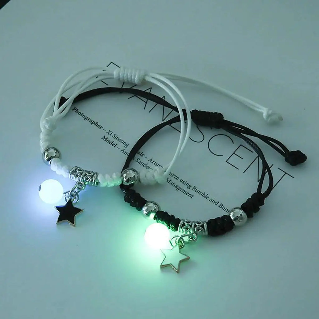 luminous glow bead couple bracelet set, stars moons and hearts - view 1