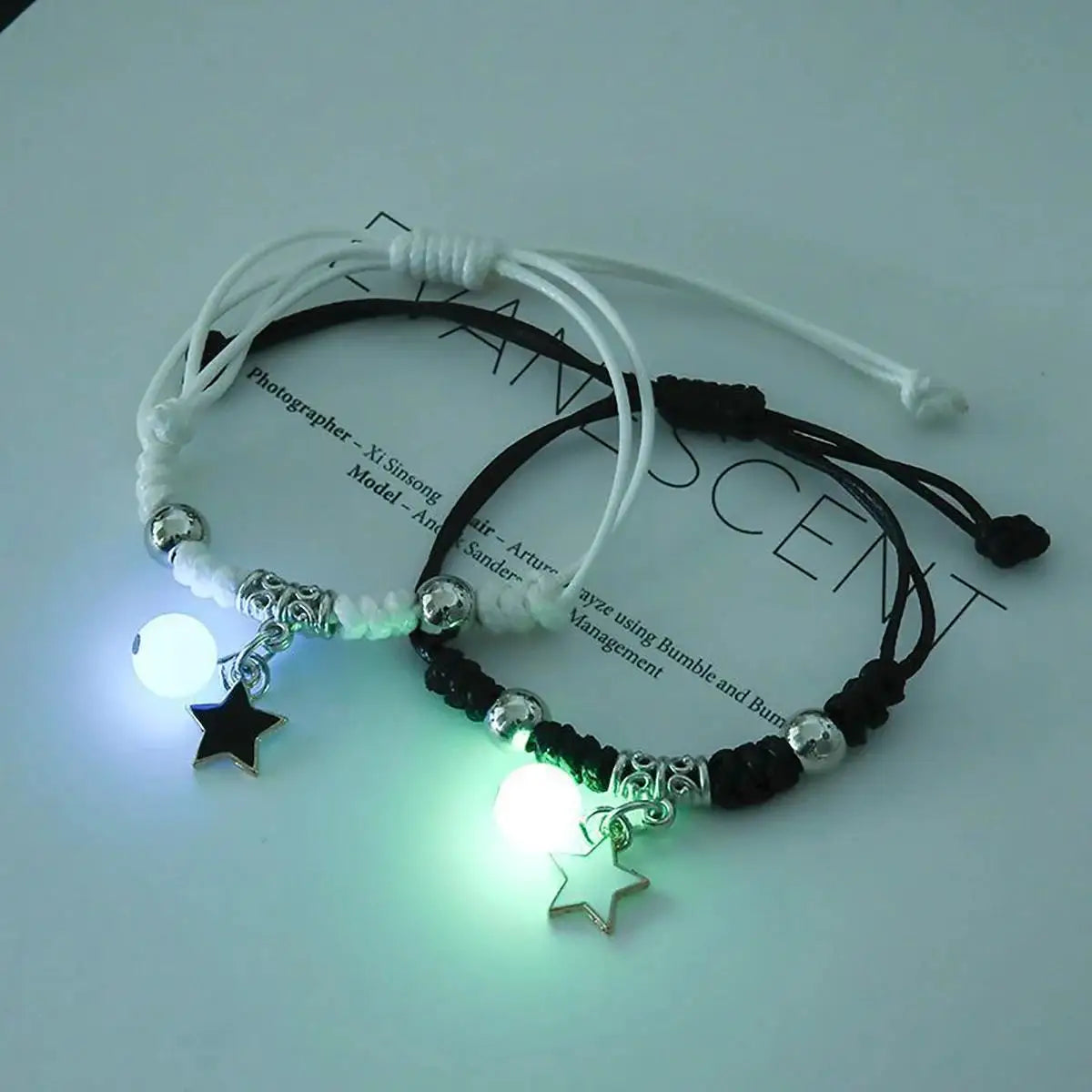 luminous glow bead couple bracelet set, stars moons and hearts - view 1