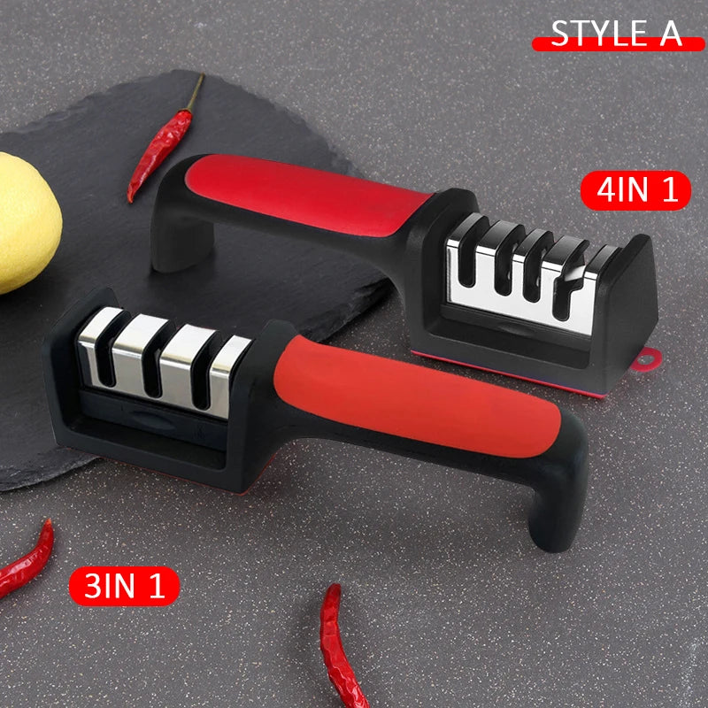 Prime Deal Zone 3/4-segment kitchen knife sharpener, black handheld multi-functional sharpening stone for household use.