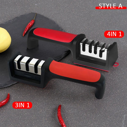 Prime Deal Zone 3/4-segment kitchen knife sharpener, black handheld multi-functional sharpening stone for household use.