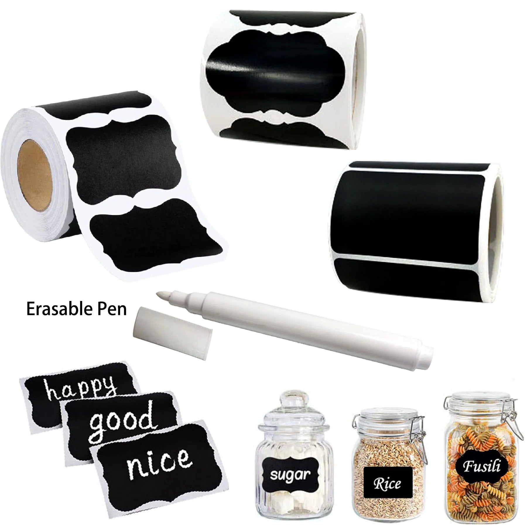 Set of 120 blackboard stickers in three styles with erasable pen, waterproof chalkboard labels for home and kitchen use.