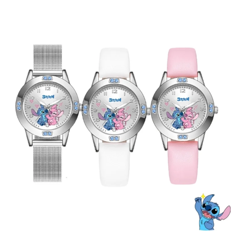 Disney Stitch girl's quartz wristwatch with cartoon Stitch design, leather strap, steel buckle, ideal for women and kids.