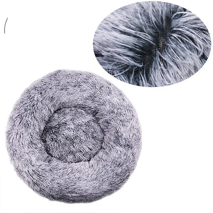 Round plush pet bed in six sizes, ideal for large dogs and cats, with soft, warm fabric for winter comfort by Prime Deal Zone.