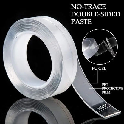 Prime Deal Zone nano double-sided adhesive tape, waterproof and traceless, shown applied to bathroom sink and kitchen tap.
