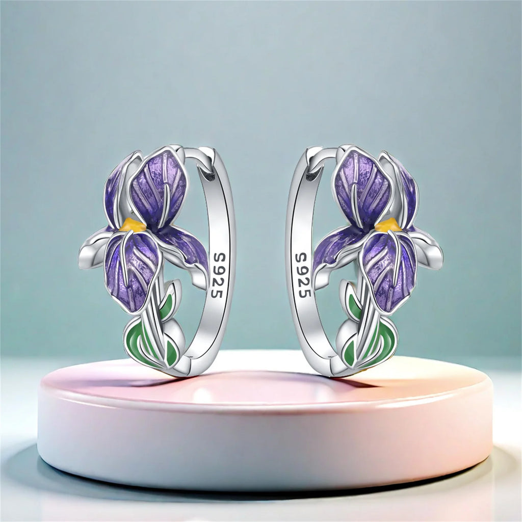 Sterling silver purple iris flower hoop earrings - view 11