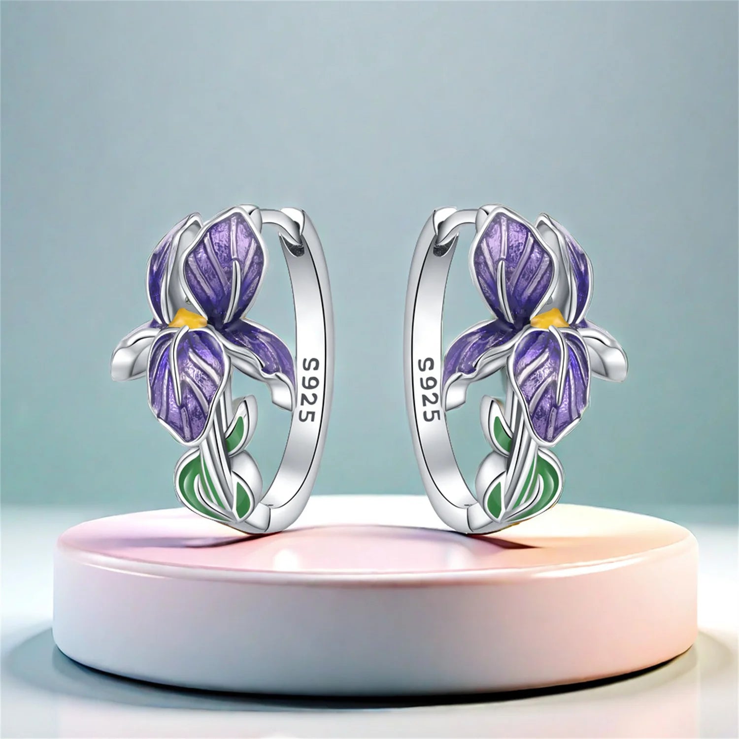 Sterling silver purple iris flower hoop earrings - view 11
