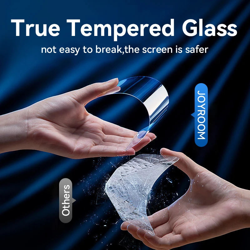 Prime Deal Zone Joyroom HD tempered glass screen protector for iPhone 17, 16, 15 Pro Max, full screen protection, clear and durable.