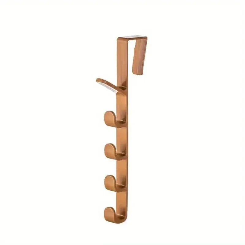 Plastic over-the-door clothes hanger rack with hooks for purses and bags, ideal for bedroom storage organization.