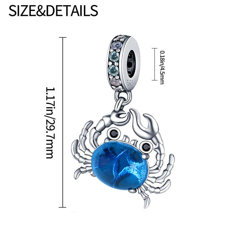 925 Sterling Silver Blue Crab Charm with Zircon