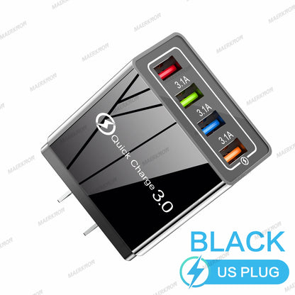 Prime Deal Zone 3A USB charger with four ports, quick charge 3.0, EU and US plug, fast charging for iPhone, Samsung, Xiaomi phones
