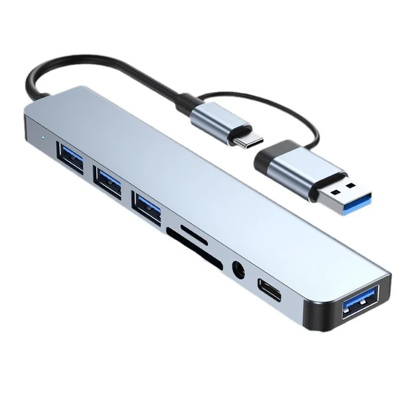 Prime Deal Zone 8-in-1 USB and Type-C hub docking station with SD card reader and 3.5mm audio jack for laptops and tablets.