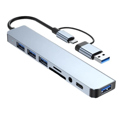 Prime Deal Zone 8-in-1 USB and Type-C hub docking station with SD card reader and 3.5mm audio jack for laptops and tablets.