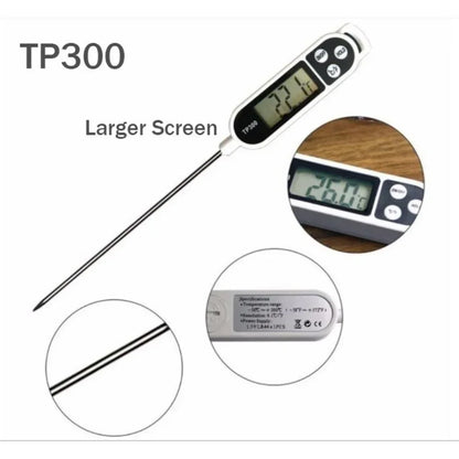 Digital food thermometer TP300 by Prime Deal Zone showing stainless steel probe and digital display for cooking and grilling.