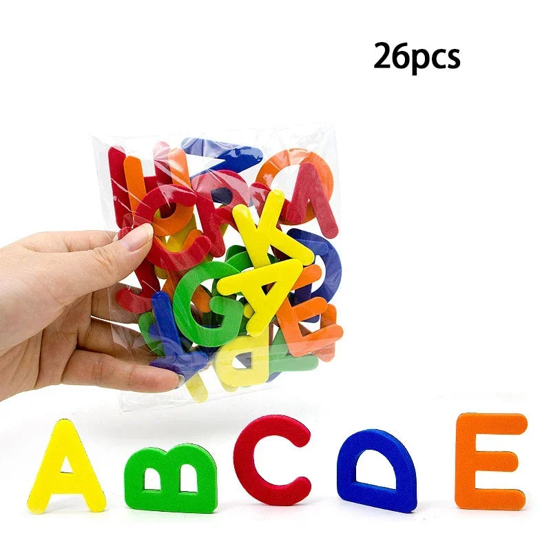 Prime Deal Zone ABC magnetic letter stickers on a refrigerator, educational toy for children, perfect for learning and Christmas gifts.
