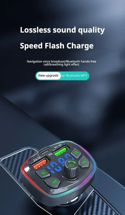 Prime Deal Zone Q7 Car Bluetooth FM Transmitter with dual USB PD charging, hands-free calling, and MP3 playback, shown in car interior.