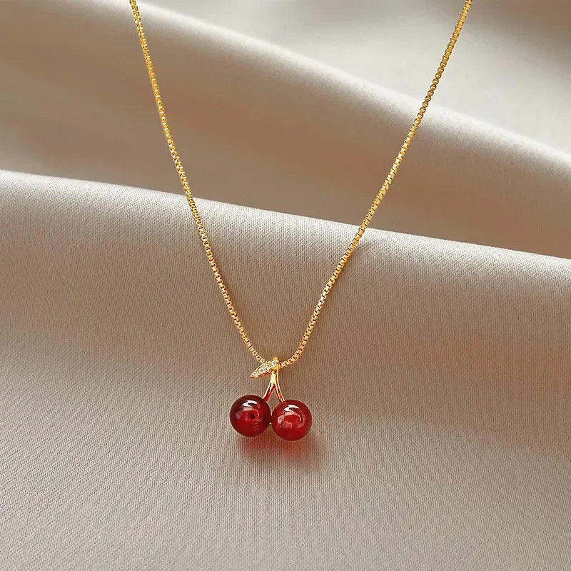 cherry pendant necklace, red resin charm - view 1