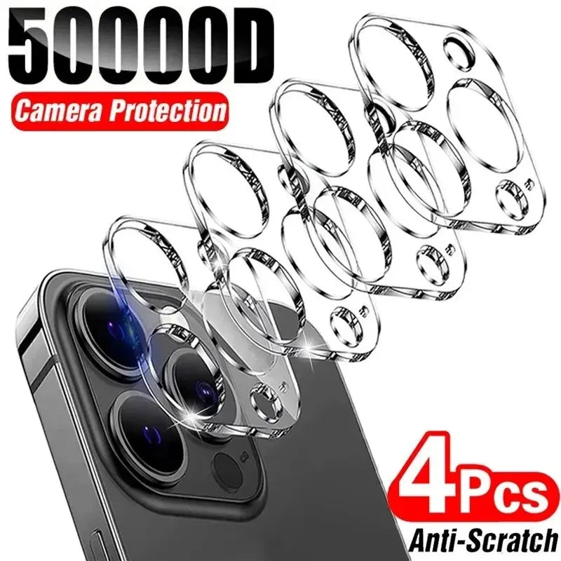 Four Prime Deal Zone HD back camera glass protectors for iPhone 13, 11, 12, 14, and 15 Pro Max lens protection film.