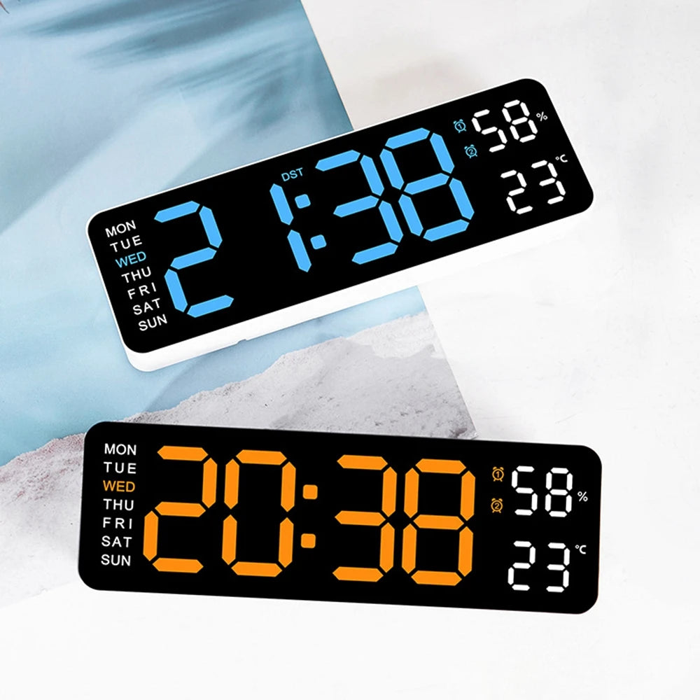 Large Prime Deal Zone digital wall clock with LED display showing temperature, humidity, week, and adjustable brightness.