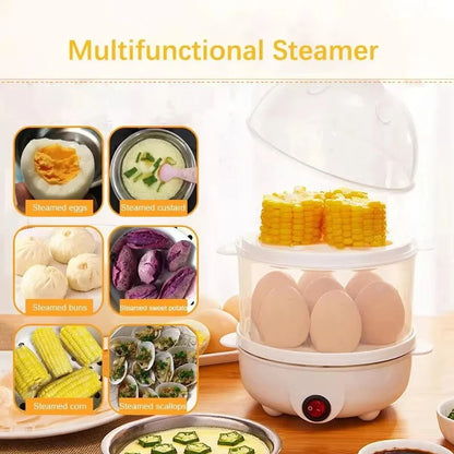 Prime Deal Zone electric egg boiler with double-layer design, compact mini steamer and egg poacher for breakfast cooking.